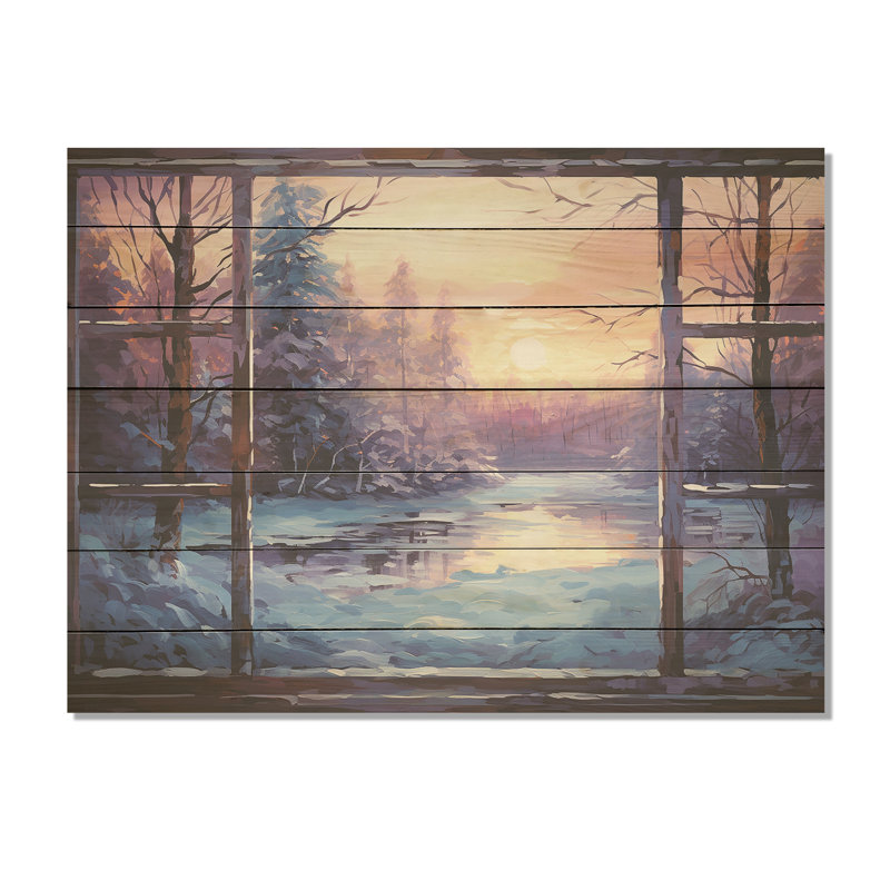 «Purple River Winter Windows II» - Paysage d'hiver sur bois, H 10 po x l 20 po x P 0,78 po