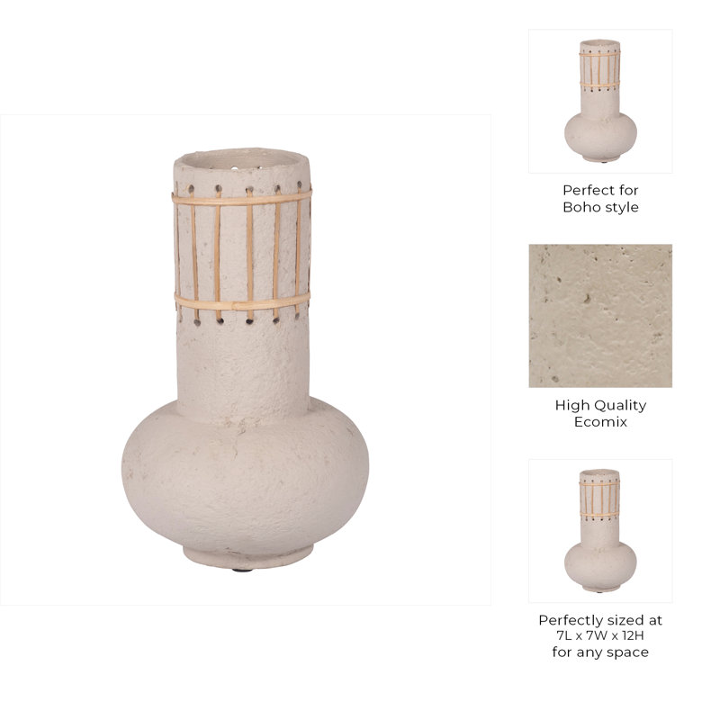 Boho Decorative Vase with Pottery Ecomix and Cane Accents - Handmade Woven Style Modern Versatile Statement Decor Piece
