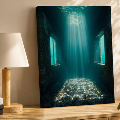 Canvas A Submerged Eerie Corridor Of An Abandoned Building Illuminated By Wall Art Shafts Of Ethereal Light Streaming Down From The Canvas Wall Art