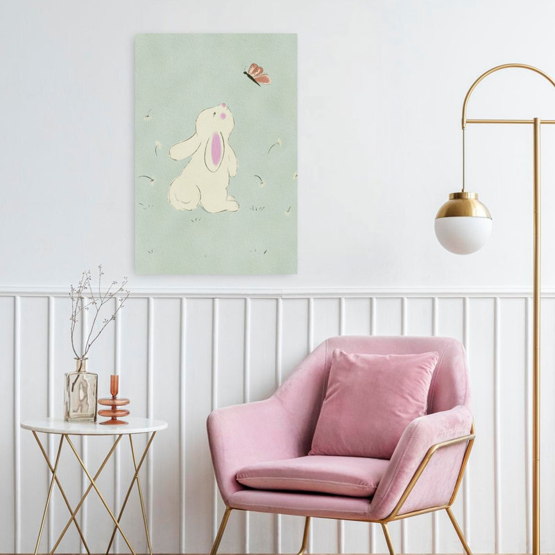 «Curious Bunny and Butterfly Delicate Peaceful Whimsical Butterfly Dandelion Rabbit Nature Spring», art mural