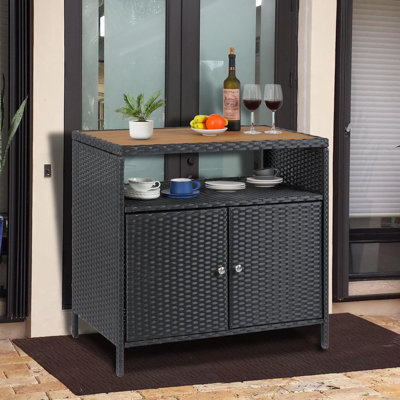 Versatile Outdoor Wicker Storage Cabinet with Shelf & Weather-Resistant Patio Bar Table – Convenient Access for Patio, Pool, Garden, Kitchen – Grey