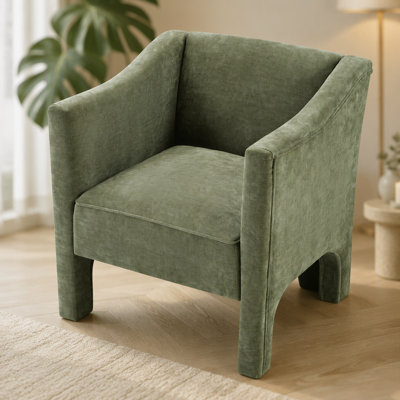 Fauteuil d'appoint moderne en tonneau avec accoudoirs fermés et revêtement en chenille pour le salon ou la chambre à coucher.