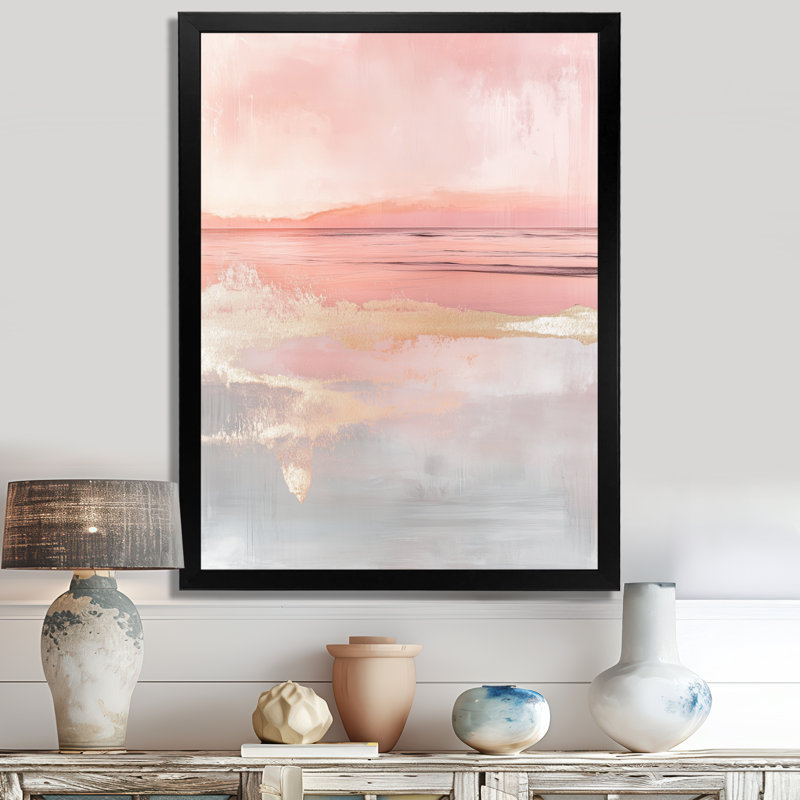 Charme Coucher de Soleil Rose Pâle Or Blush II - Tableau encadré Bord de Mer, H 32 po x l 24 po, Black Picture Framed