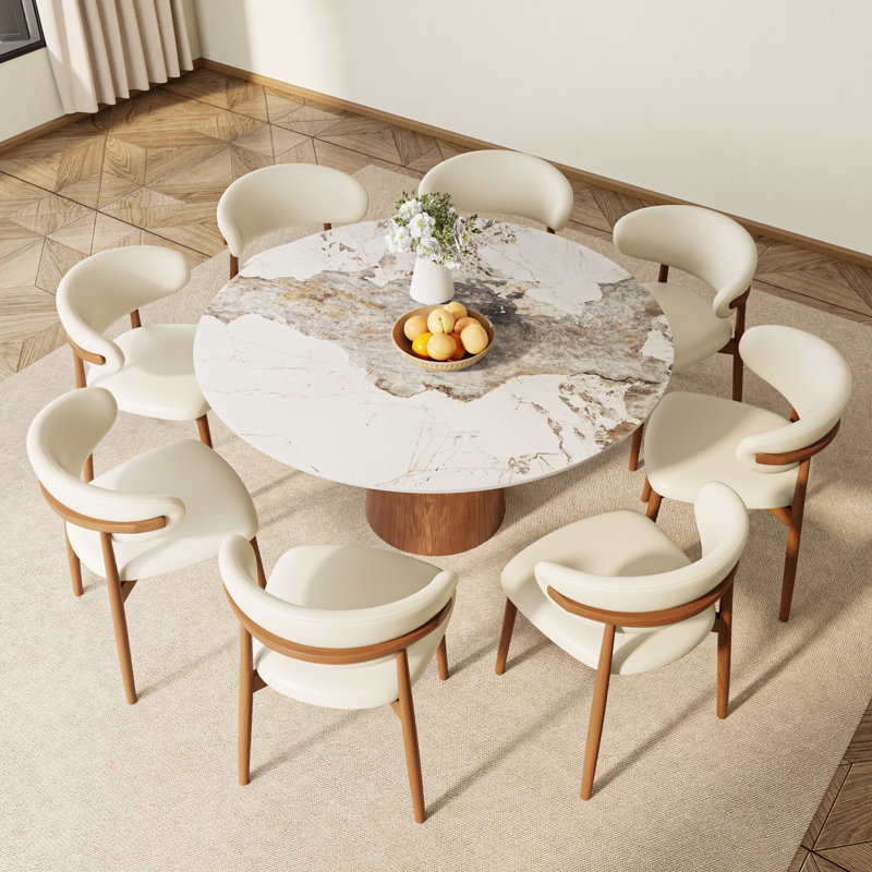 Vicente 9 - Piece Kitchen Dining Table Set Farmhouse Round Pedestal (1 Table 8 Chairs), White/Brown