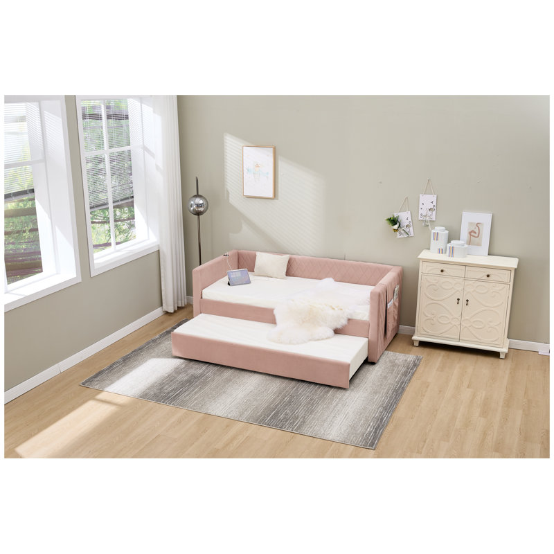 Twin Size Velvet Daybed with Diamond Tufted Backrest, Pink Upholstered Bed Frame, Pink
