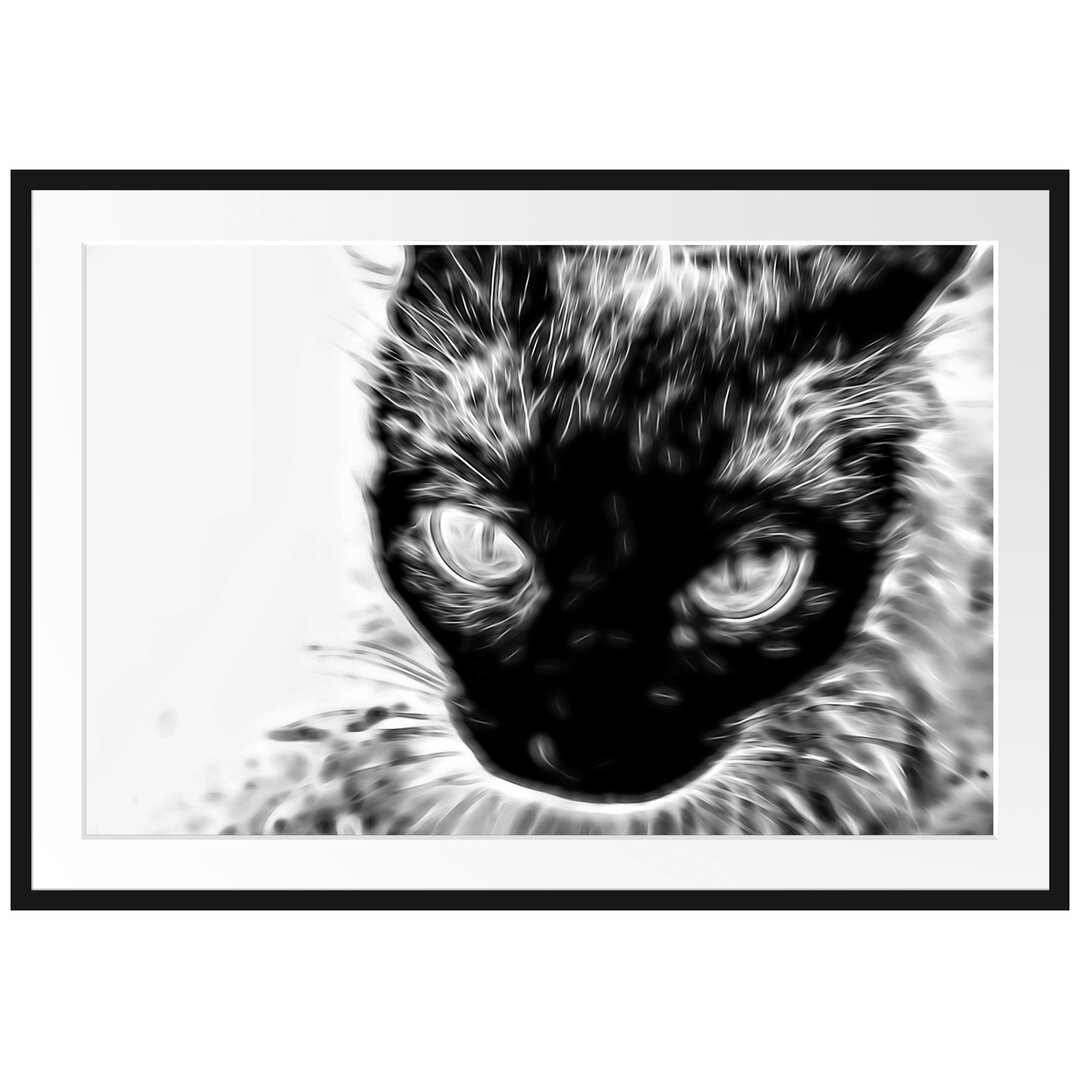 Gerahmtes Poster Schwarze Katze, blaue Augen