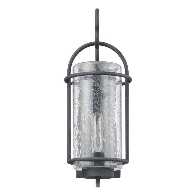 Seltzer 18-inch 1-light Weathered Zinc Exterior Wall Sconce with Clear Seeded Glass Shade, 18.5" H x 7.25" W x 9.5" D