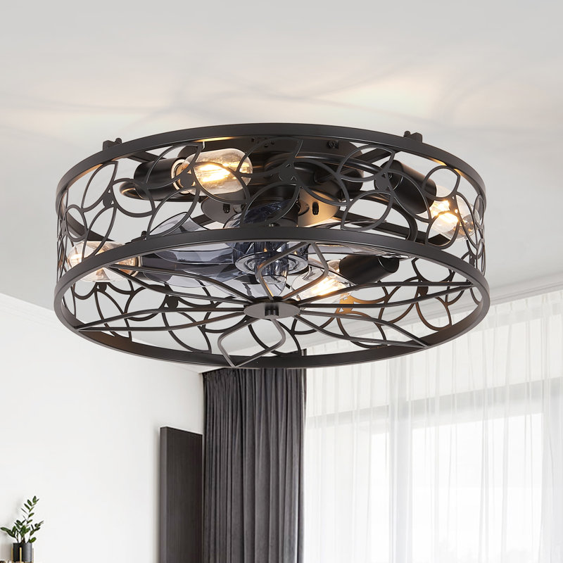 Dennis 18" Caged Ceiling Fan with Light & Remote Control, Matte Black