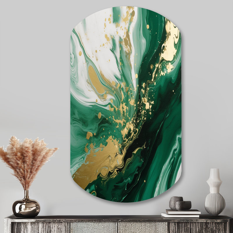 Green and Gold Serene Cascade III - Abstract Asymmetrical Metal Wall Decor, Modern Cylinder Metal Art Print
