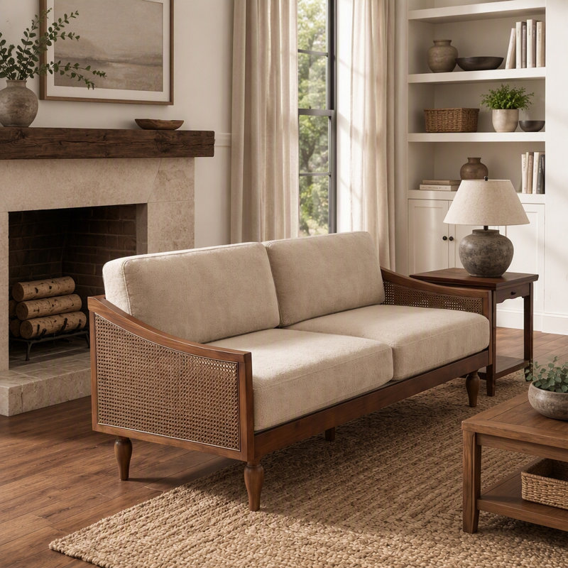 Rattan-Arm Chenille Sofa with Rubberwood Frame