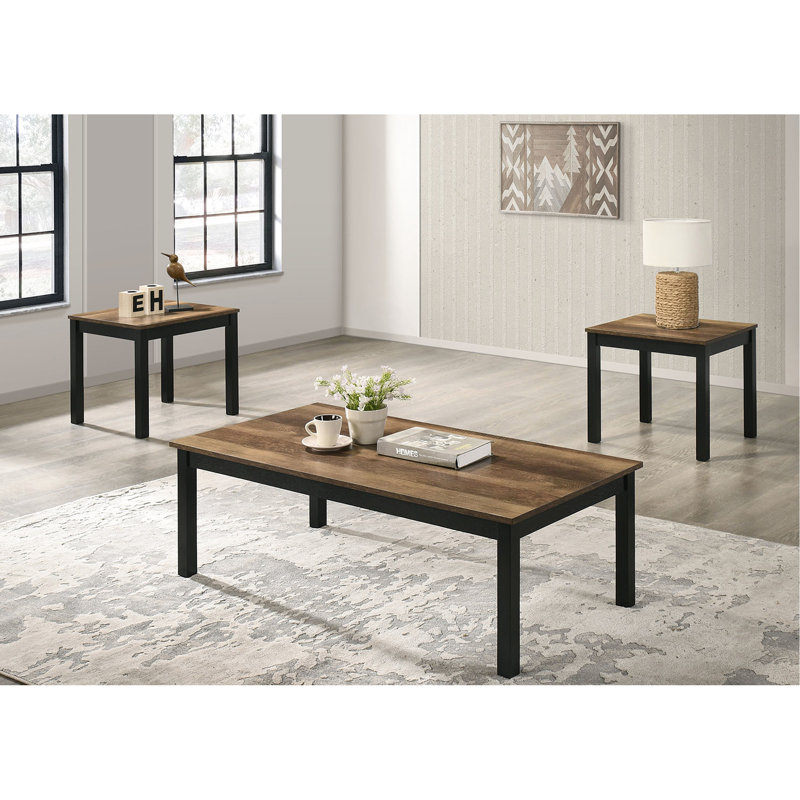 Ensemble de table 3 pièces de style contemporain 1 table basse 1 table de bout 2 x plateau en faux marbre avec pieds en bois au fini brun salon principal