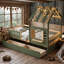Kids Wooden House Bed Frame, 3ft Single Bed 90x190cm, Pine & MDF Bed with Safety Guardrail, 2 Rolling Storage Drawers, Playhouse Roof & Opening Window, Green & Natural Finish