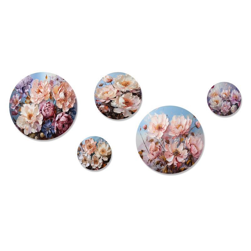 Pivoine rose liquide Art Flower Field I - ensemble de 5 décorations murales en métal