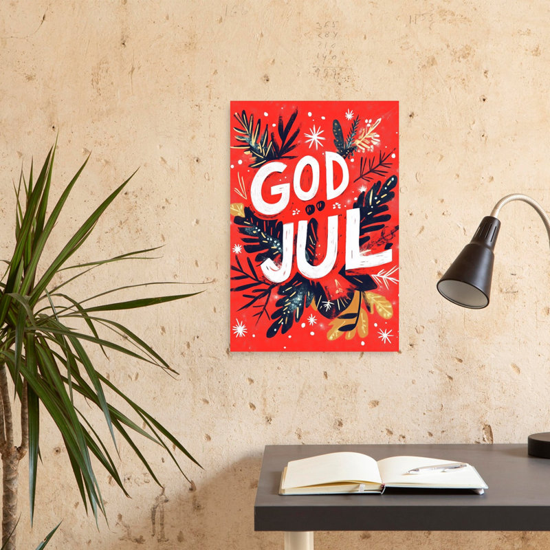 God Jul Christmas Greeting Pine Winter Wall Art Print 1 Piece Wrapped Canvas Wall Art, 60.96cm H x 40.64cm W