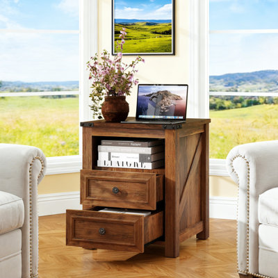 18" Nightstand & End Table With Charging Station & Open Shelf Storage  Bedside Modern Wood Bed Side