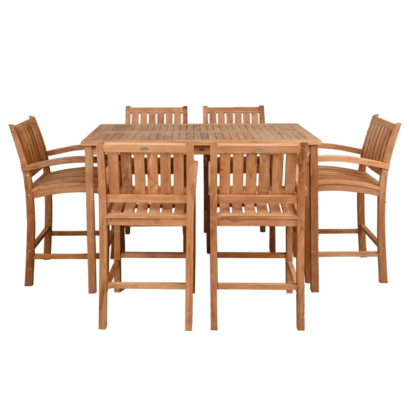 Ensemble bistro en teck avec table rectangulaire et tabourets de bar avec accoudoirs Abacho, H 43 po x L 63 po x l 35,5 po, 6