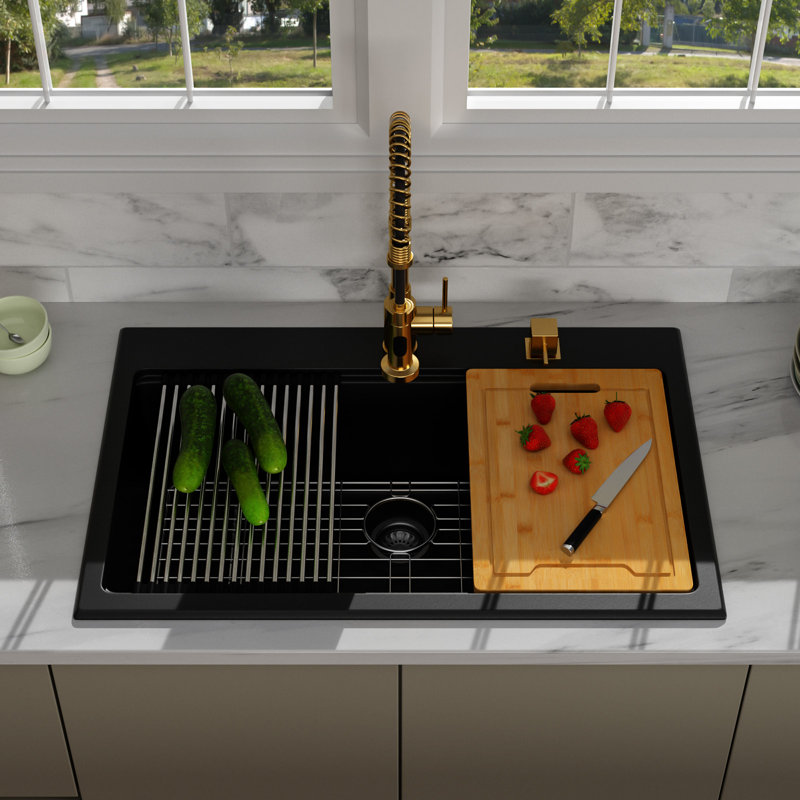 Évier de cuisine 33 po x 22 po en granite avec station de travail, noir, Noir