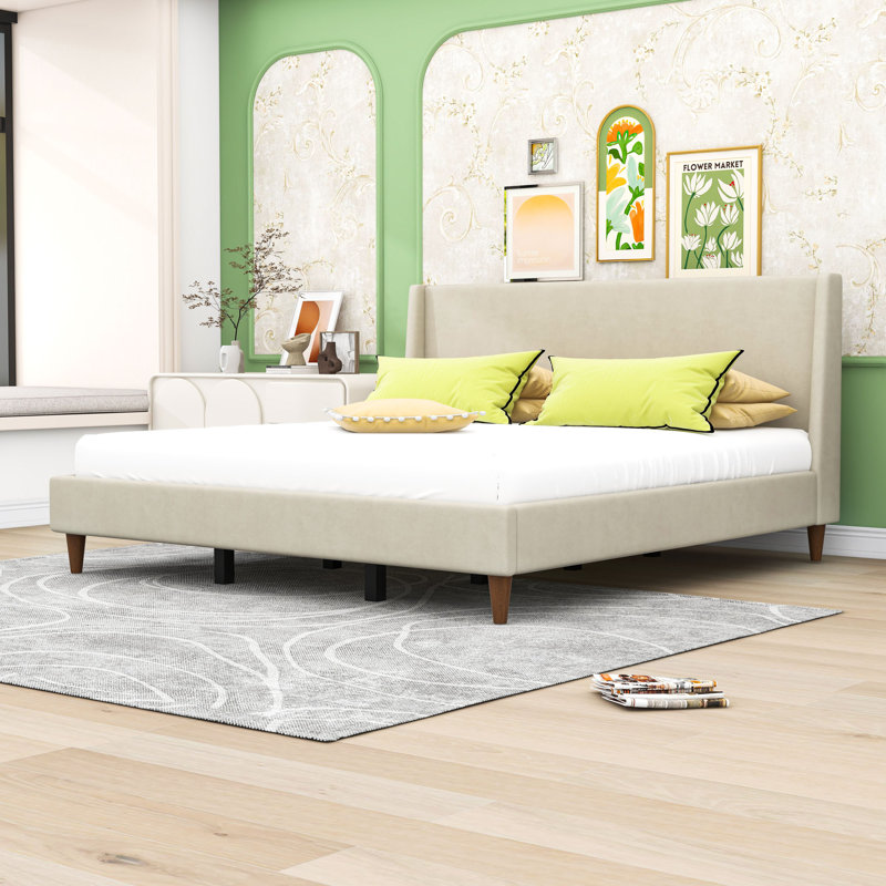 Lit plateforme tapissier en bois avec tête de lit, Très grand