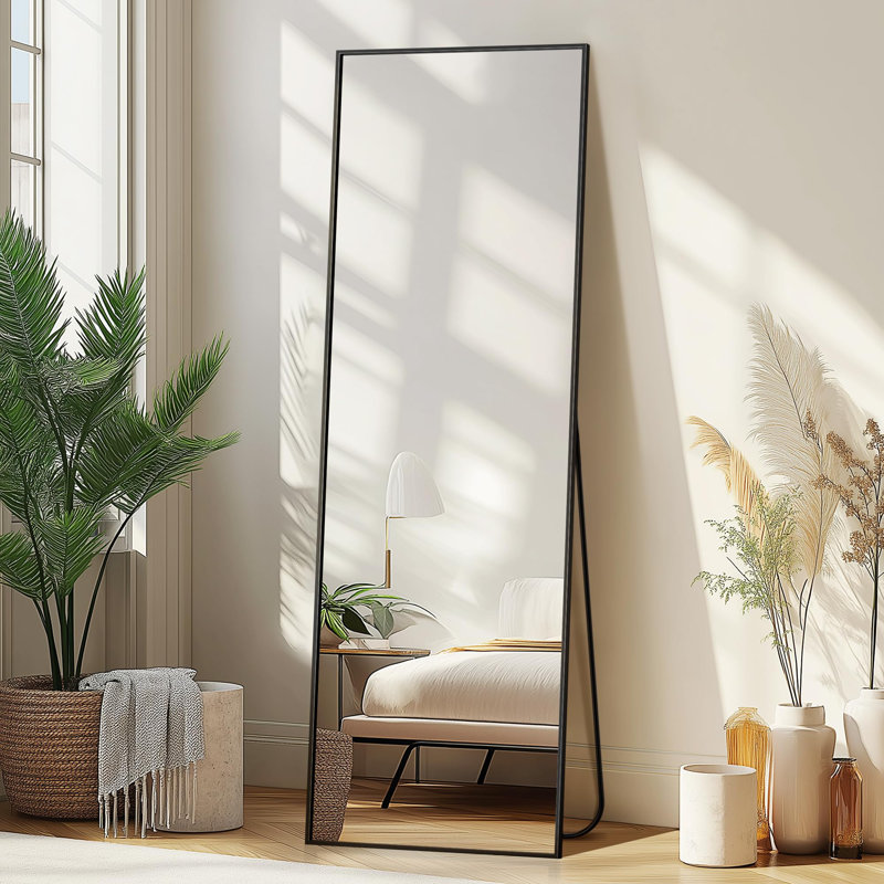 Miroir mural pleine longueur, grand miroir de plancher pour porte de salle de bain dans la chambre à coucher avec cadre en aluminium (avec support, noir 56 x 15)