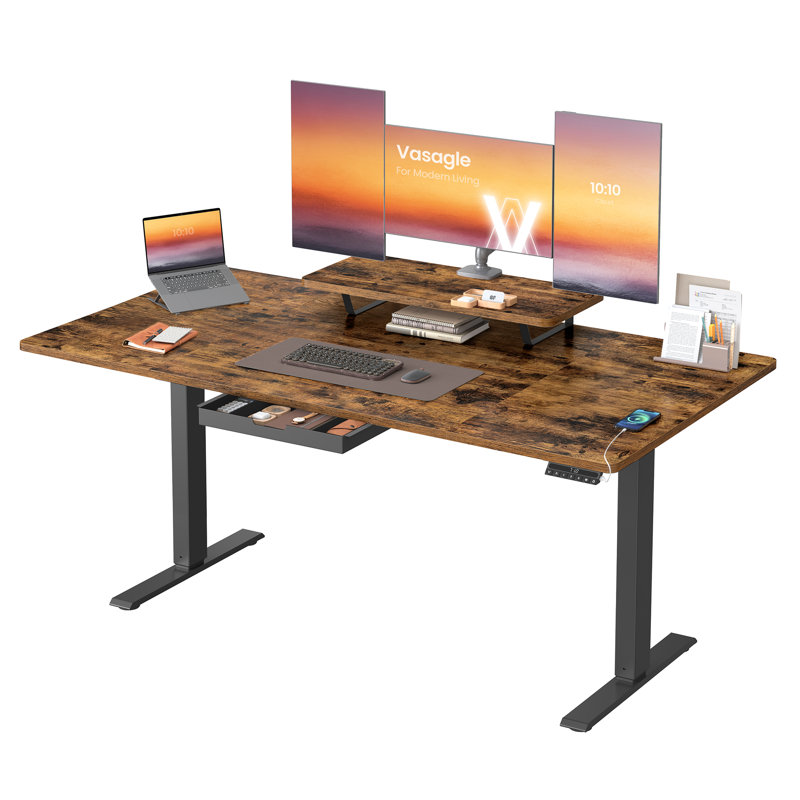 Adjustable Height Steel Standing Desk, 160cm W x 80cm D, Brown/Black