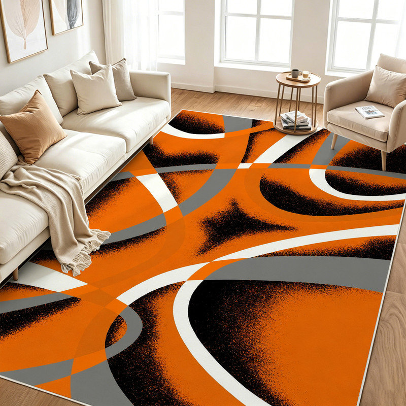  Tapis moderne de moquette intérieure moelleuse de 5 x 7 pi avec envers en caoutchouc antidérapant pour l'entrée de la table à manger, entrée tourbillon orange moderne