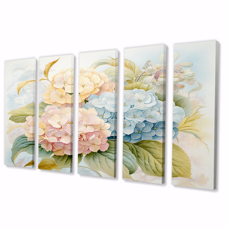 Rétro bouquet d'hortensias en pastel rétro II - art mural toile hydrangée - 5 panneaux égaux