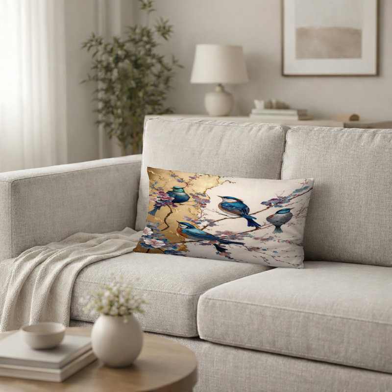 Coussin multicolore Birds On Plum Blossoms Tree, H 12 po x l 20 po
