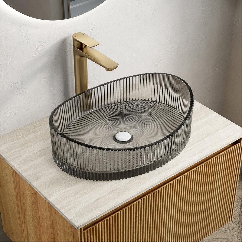 Lavabo de salle de bain en verre cristal de forme Yuanbao de 51 cm (20 pouces), sans robinet, couleur noir transparent, Noir