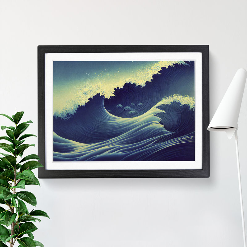 XH1022-4473X Gracious Japanese Wave - Single Picture Frame Print, Black Framed, 46cm H x 64cm W x 2cm D