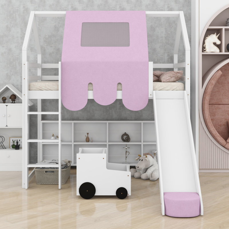 Lit mezzanine, style maison en bois avec tente incluse, Blanc + rose