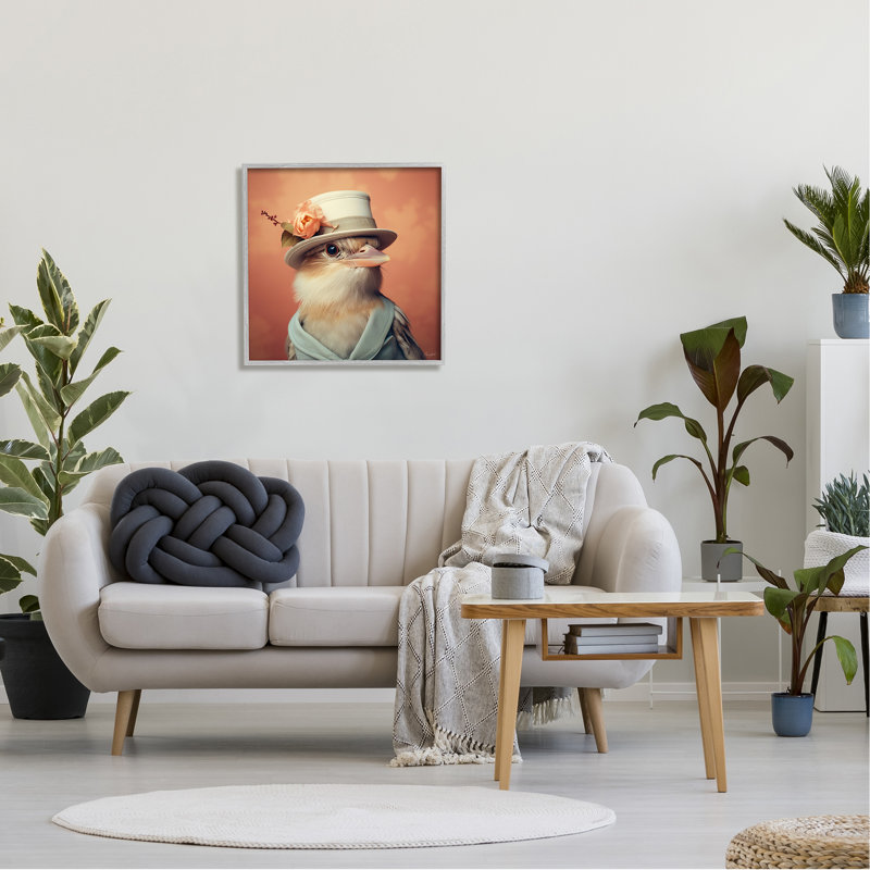 Oiseau au chapeau rétro encadré sur bois par Roozbeh, Estampe numérique Farmhouse, H 24 po x l 24 po x P 1,5 po
