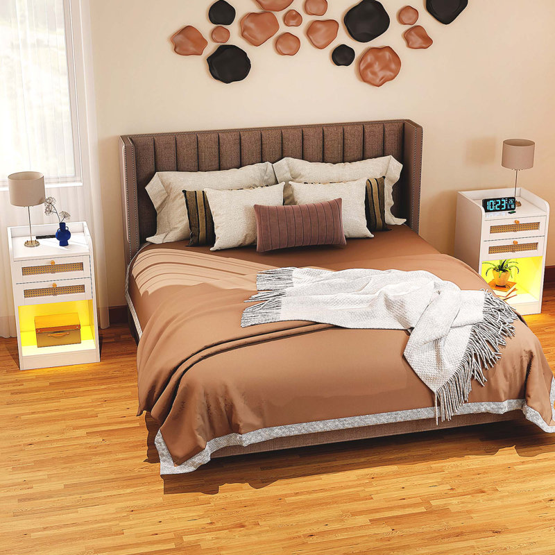  15.7'' W Boho Nightstands | 2 Drawers & USB/AC Outlets(Set Of 2 ), White