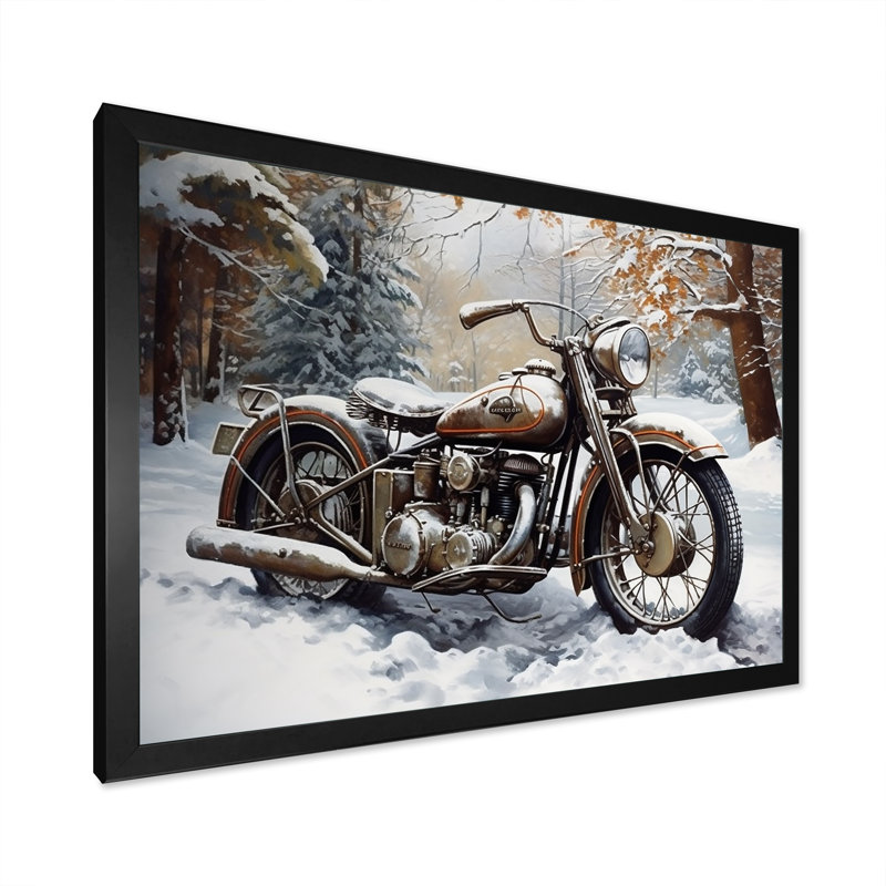 «War Rustic War Bike In Winter», reproduction sur toile, H 24 po x l 32 po x P 1 po, Cadre simple noir