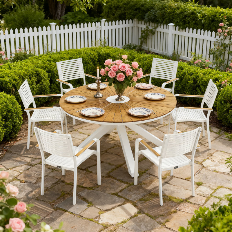 Outdoor Aluminum  / Teak Round Dining Set, Black, 6