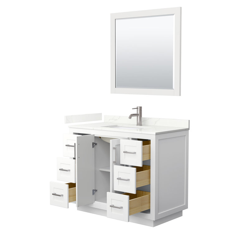 Miranda 42" Freestanding Single Bathroom Vanity with Quartz Top with 34" Mirror, Giotto Quartz, White, Brushed Nickel