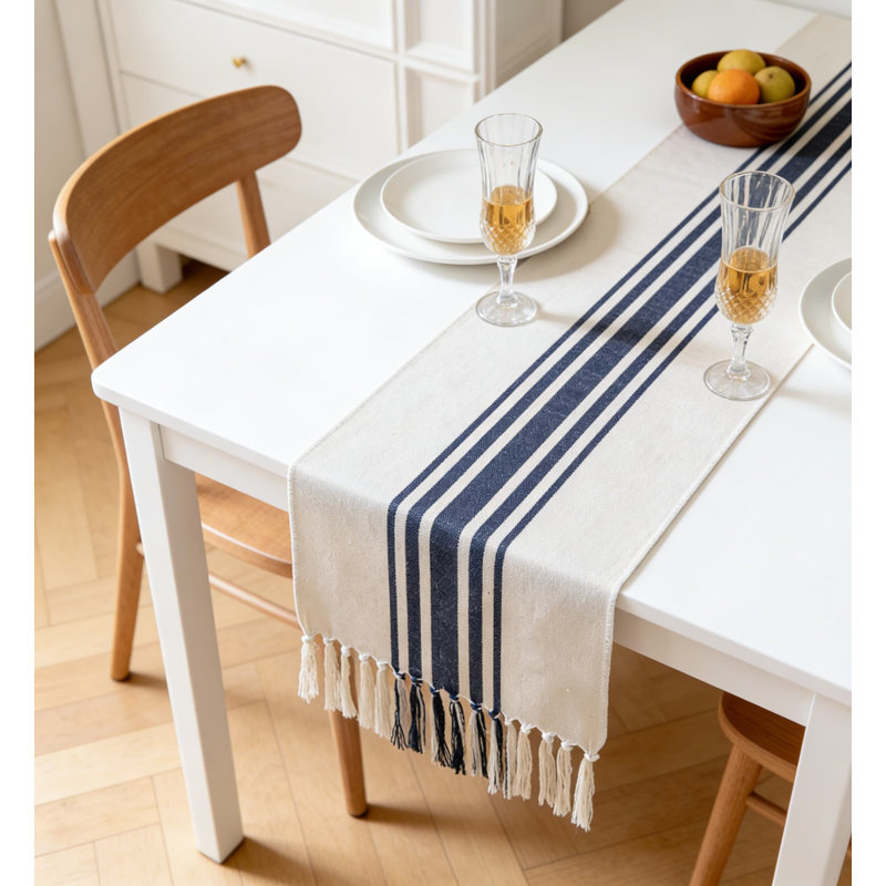 Handcrafted Table Runner With Tassels For Modern Farmhouse Decor, Striped Dining Table And Coffee Table Cover, Navy