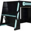 Lit mezzanine double en bois de couleur bleu nuage avec rangement sous le comptoir, éclairage et bureau latéral pour un espace de jeu parfait.