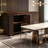 Four-Door Walnut Wood Sideboard With A Wavy Texture And Handle-Less Design; Includes A Power Outlet For Use In The Dining Room.
