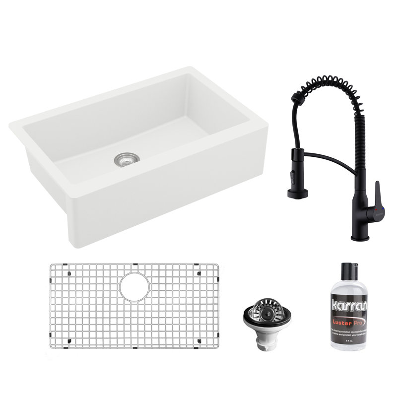 Karran Quartz 34'' X 21-1/4'' Single Bowl Farmhouse Apron Kitchen Sink With KKF210 Faucet, Matte Black, Matte Black