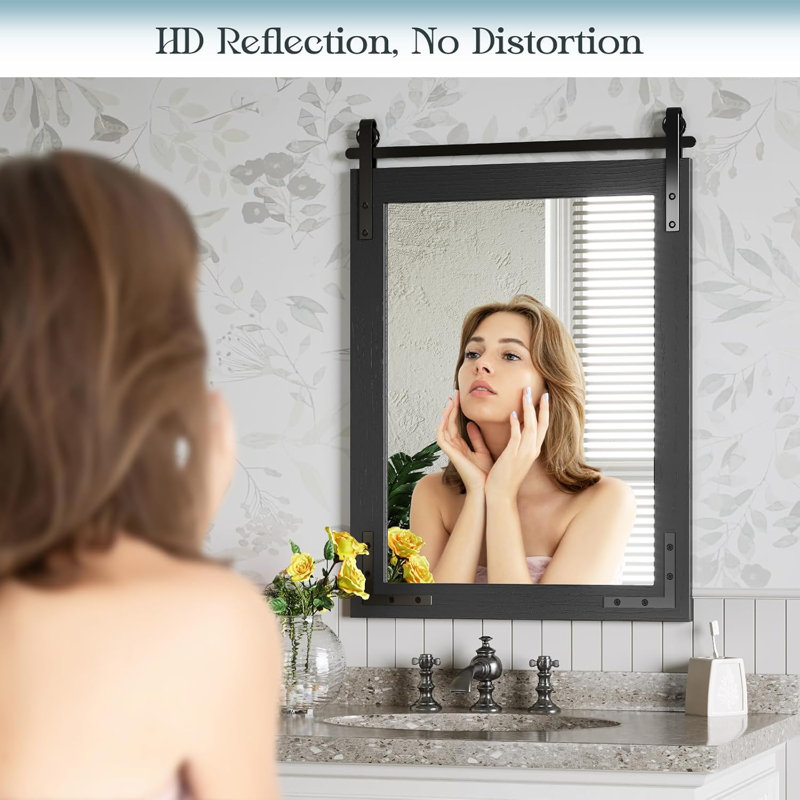 Brown Solid Wood Rectangular Farmhouse Mirror with Metal Accents