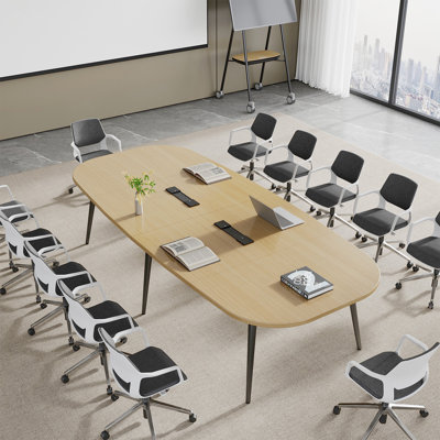 Racetrack Conference Table with Power & Data Hubs, Light Oak Top, Black Frame, and Cable Management
