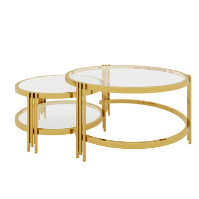 Modern 2-Piece Gold Nesting Coffee Table Set With Tempered And Textured Glass For Living Room | Gift Idea