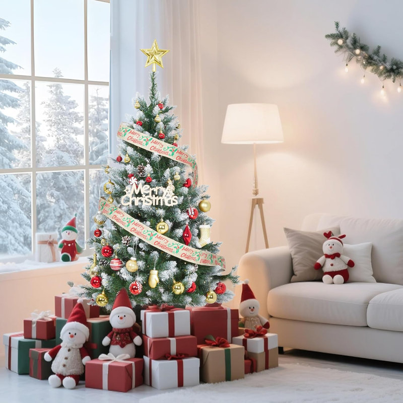 Arbre de Noël 4,5 pi, arbre de Noël artificiel avec lumières blanc chaud et décoration de pomme de pin ronde moyenne, support pliable, pédale marche / arrêt, décoration des Fêtes, vert