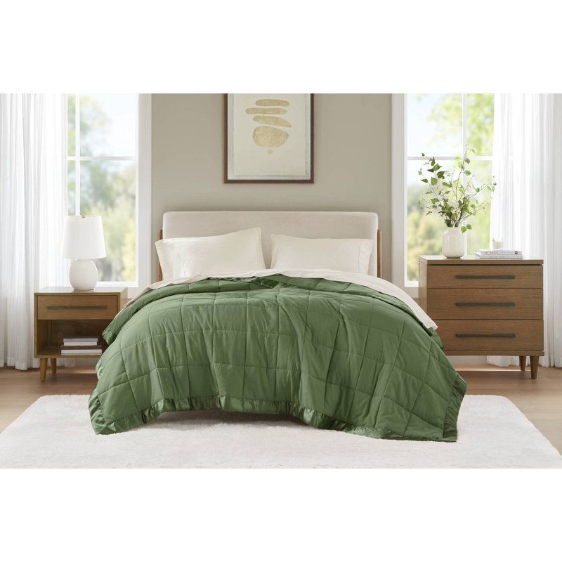 Couverture légère en duvet synthétique avec bordure en satin , Simple, Vert