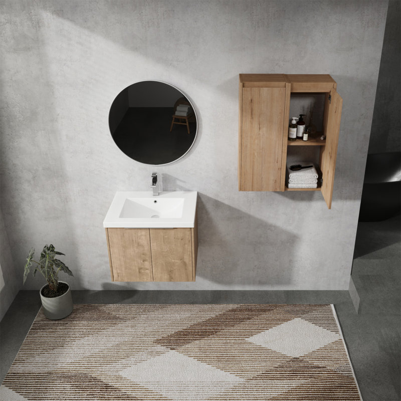 24 Inch Wall-Mounted Bathroom Vanity With Sink And Side Cabinet, Soft Close Doors For Ample Storage