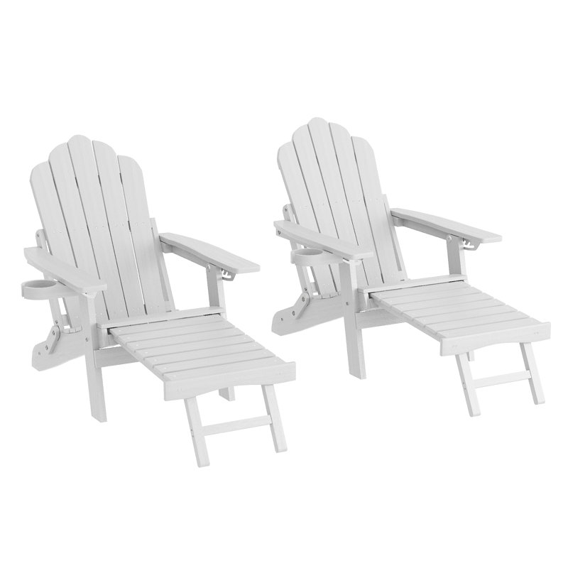 2pcs Folding Adirondack Chair with Retractable Ottoman and Cup Holder Adjustable Adirondack Chair with Footrest Set, White