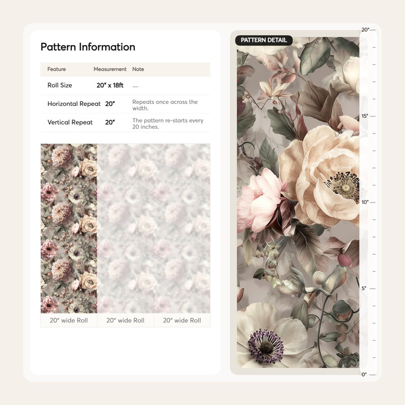 Papier peint floral, décoration murale rétro beige