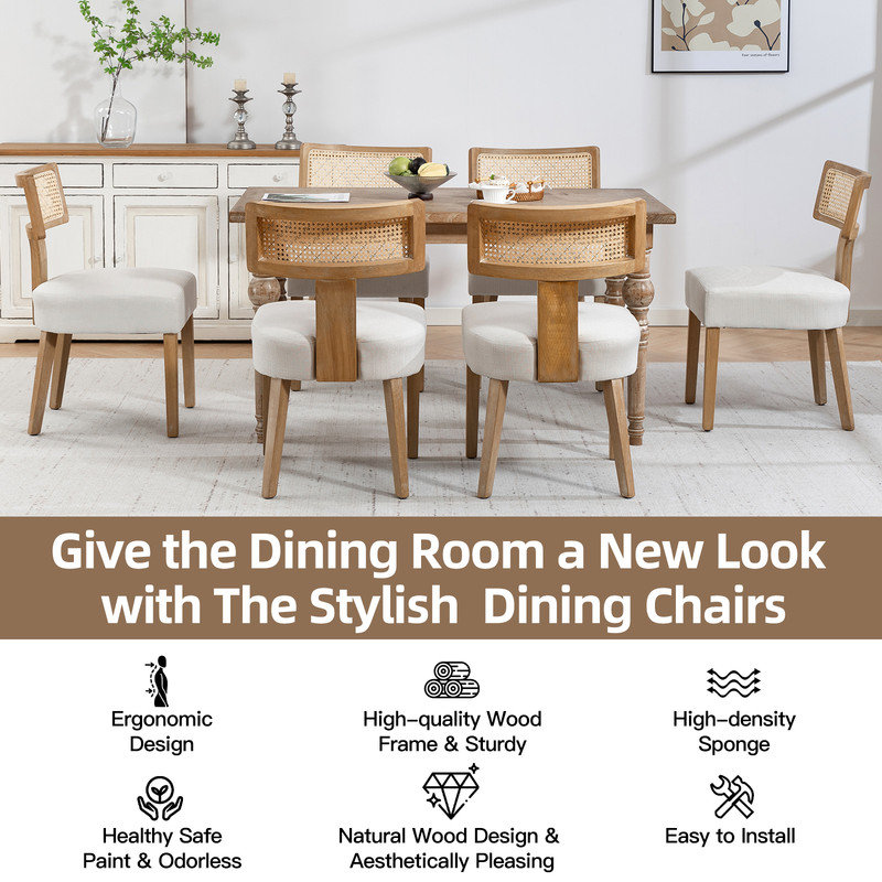 Linen Rattan Solid Wood Side Dining Chairs