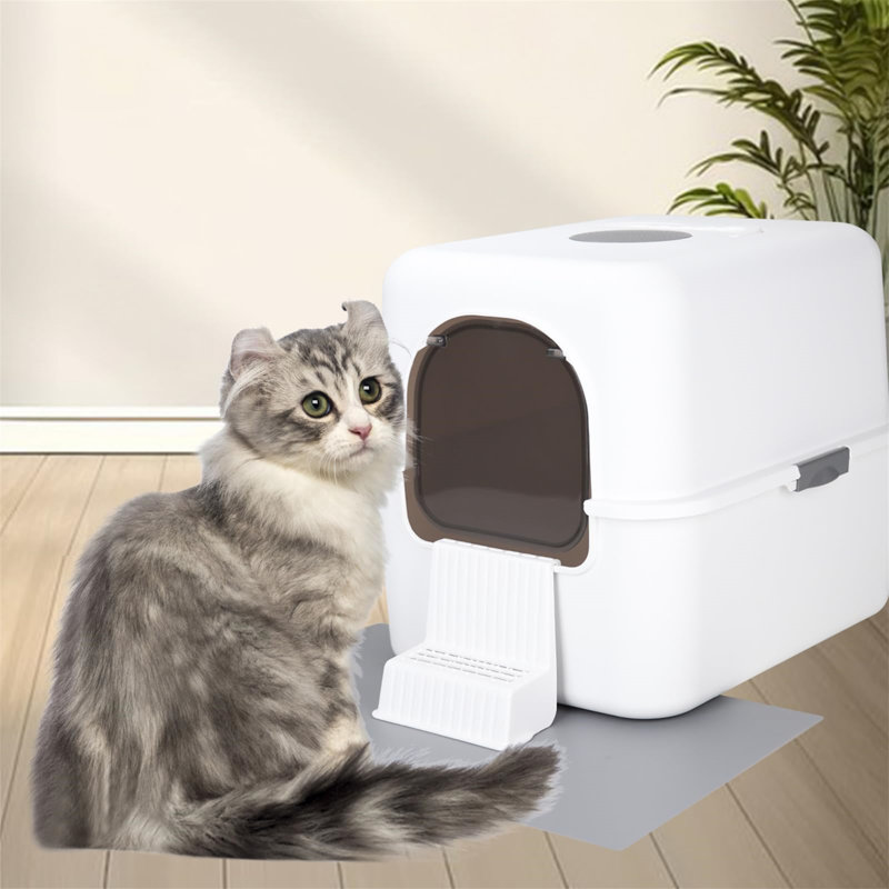 Compact White Plastic Enclosed Cat Litter Box with Pedal