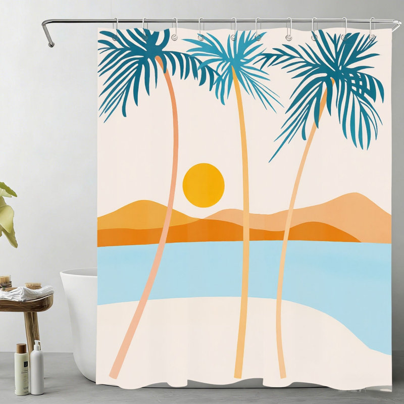 Rideau de douche abstrait turquoise style bord de mer tropical, 183 x 183 cm, idéal pour une salle de bain de vacances.